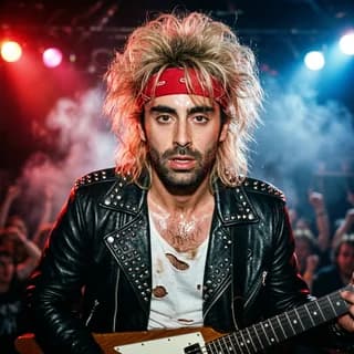 AI portrait of a man styled in the 1980s hair metal era, 250 Years of America 4th of July photo