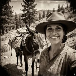 AI portrait of a woman styled in the 1850s Gold Rush era, 250 Years of America 4th of July photo