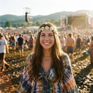 AI portrait of a woman styled in the 1960s Woodstock era, 250 Years of America 4th of July photo