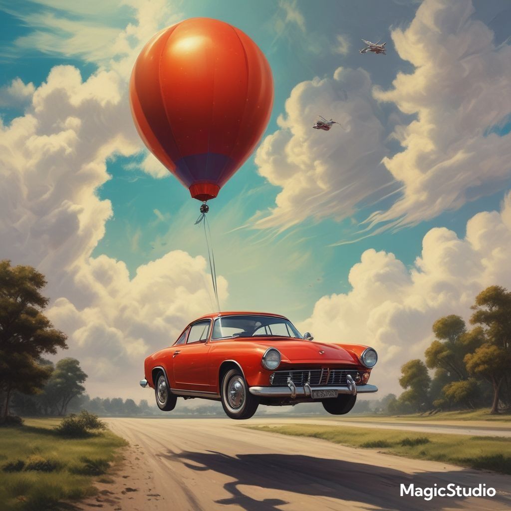 A piece of art featuring a car being carried away by a huge balloon created by Magic Studio's AI Art Generator