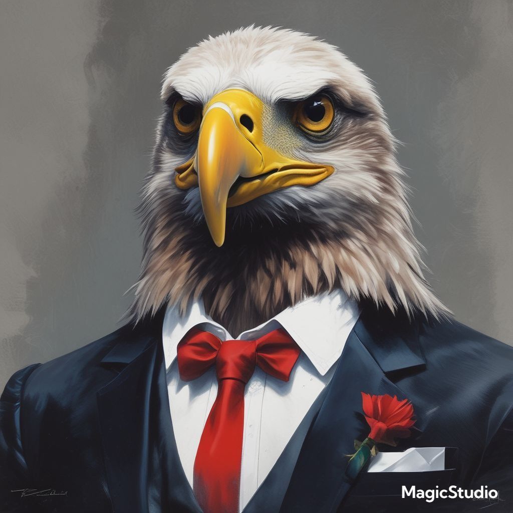 An artwork of an eagle wearing a suit generated by an AI tool