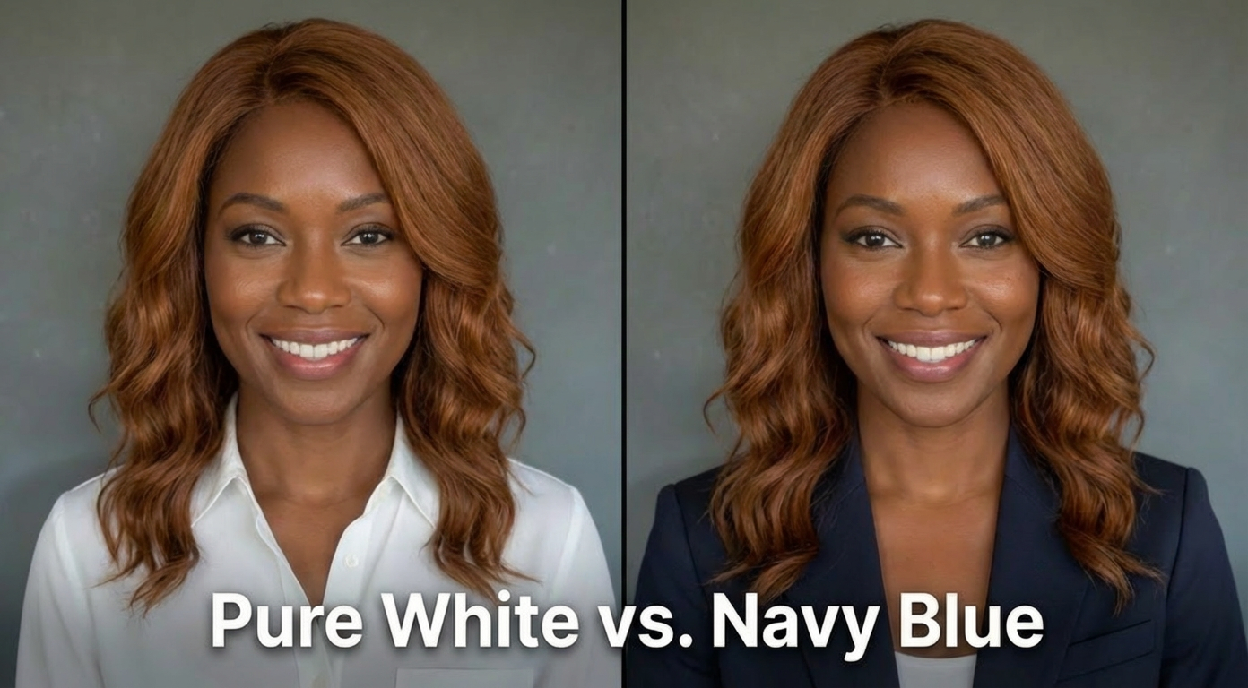 Side-by-side headshots of the same professional showing how pure white clothing washes out facial features while navy blue creates proper contrast and trust