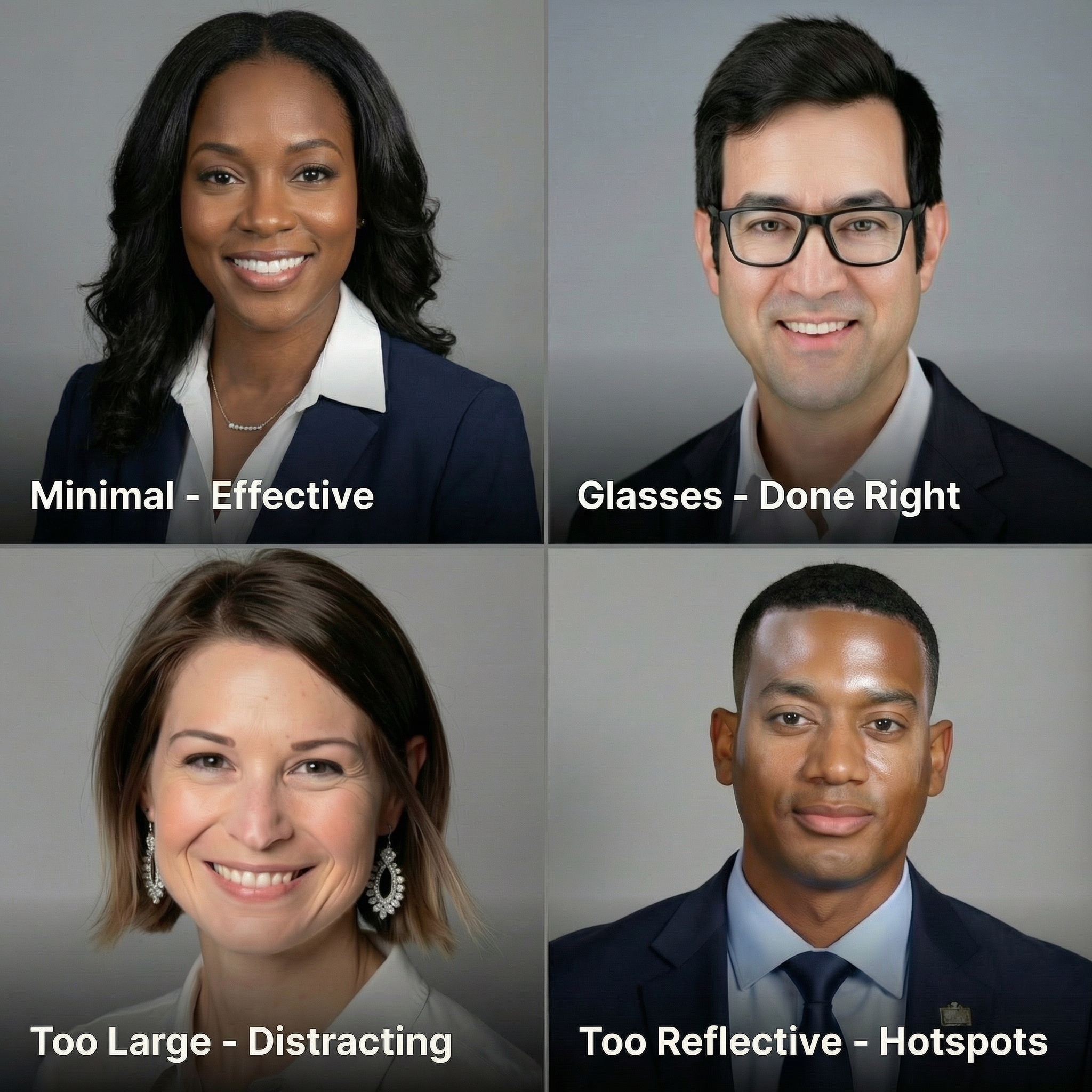 Four professional headshots in a 2x2 grid demonstrating accessory choices: minimal jewelry, anti-reflective glasses, distracting large earrings, and overly reflective jewelry