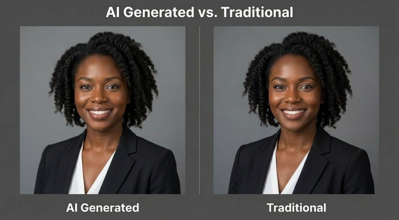 Side-by-side comparison showing an AI-generated professional headshot on the left and a traditional studio photography headshot on the right, demonstrating subtle differences in authenticity and skin texture