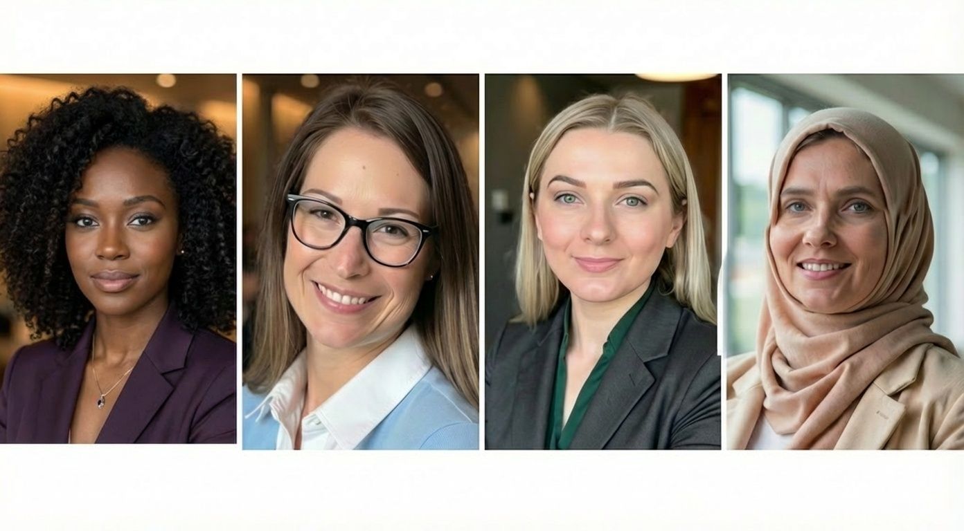 Four professional headshots of diverse women displaying different ethnicities, ages, and personal styles including natural curly hair, glasses, hijab, and mature professional