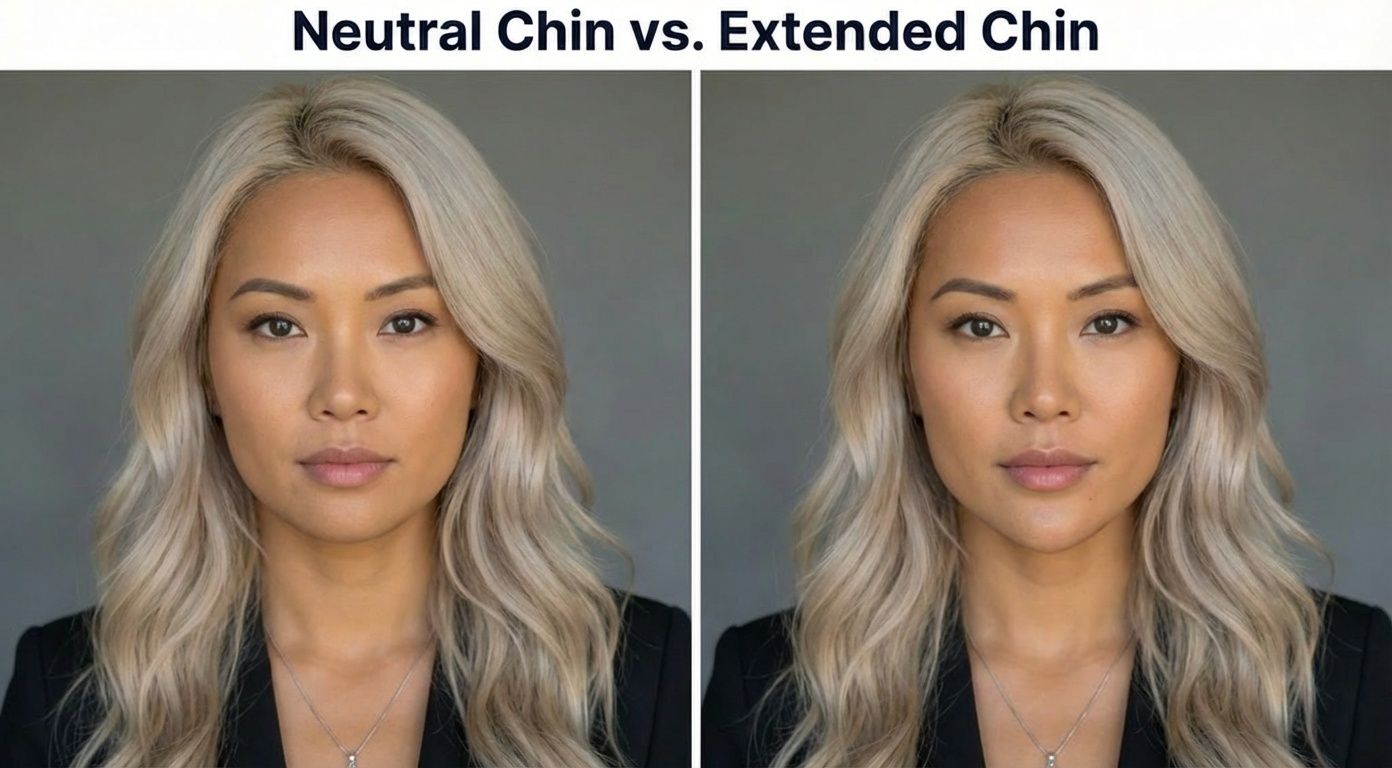 Side-by-side comparison of the same professional showing neutral chin position versus extended chin position, demonstrating improved jawline definition