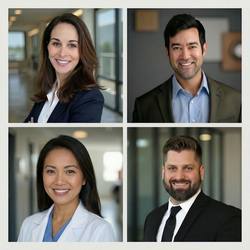 2x2 grid showing four professional headshots of diverse individuals (different genders, ages, and ethnicities) each using three-quarter positioning in industry-appropriate settings