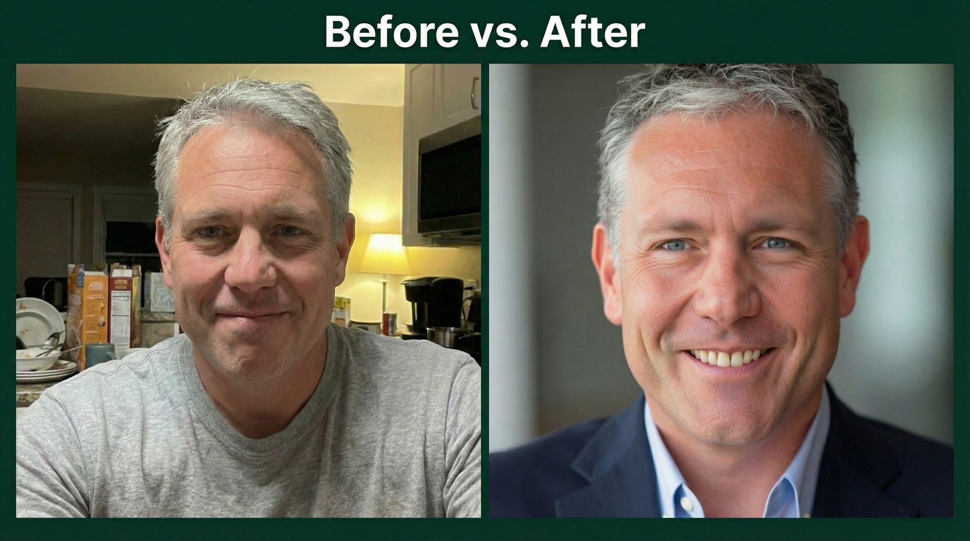 A man's kitchen selfie in a T-shirt next to a professional headshot of him in a blazer against a soft background