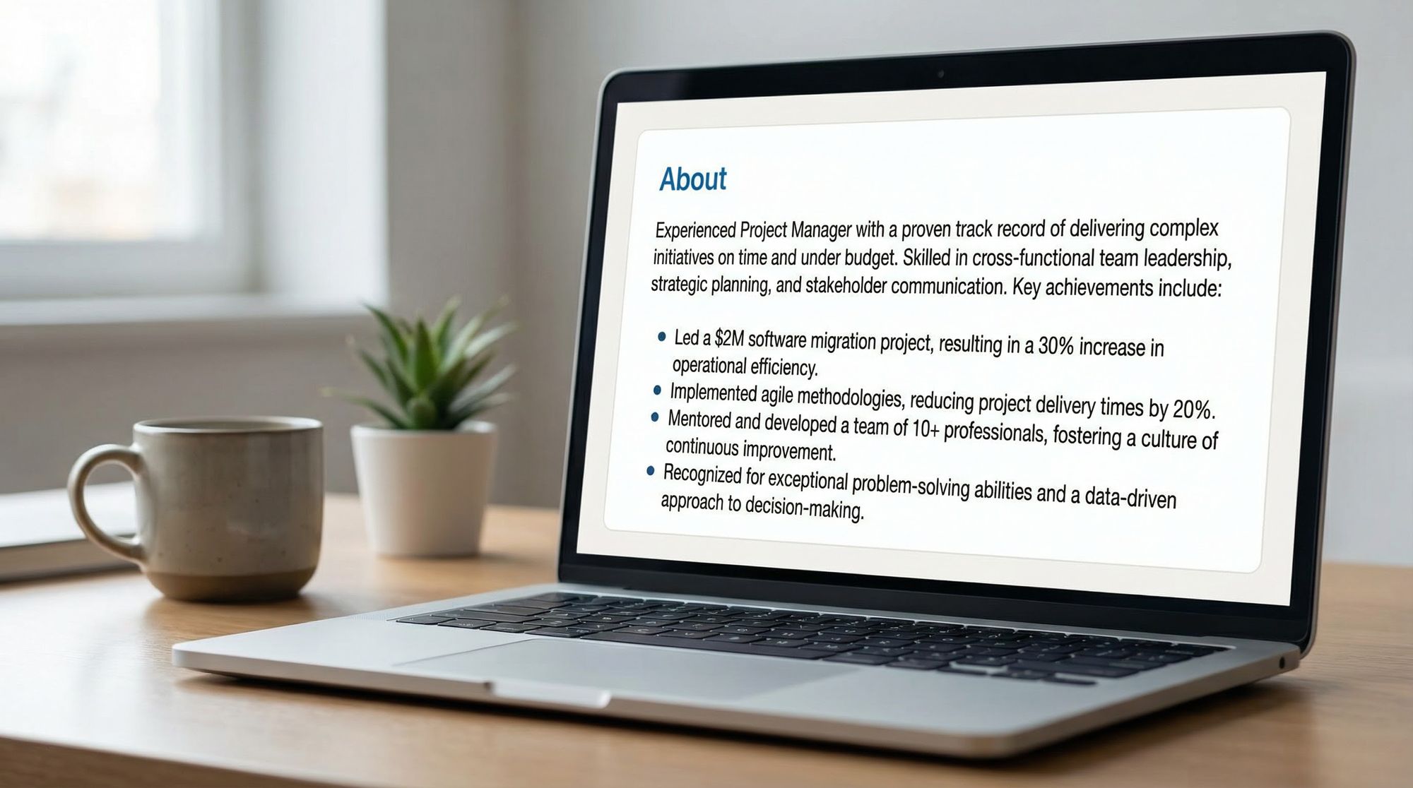 A LinkedIn About section on a laptop screen, with a short intro and bullet points of achievements