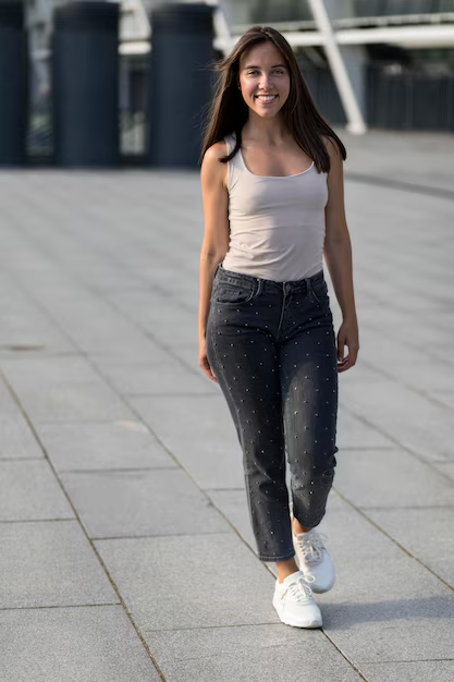 A smiling woman in a tank top and jeans walking toward the camera on a paved plaza
