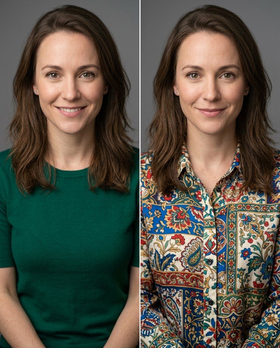 The same actor photographed twice against a plain gray backdrop