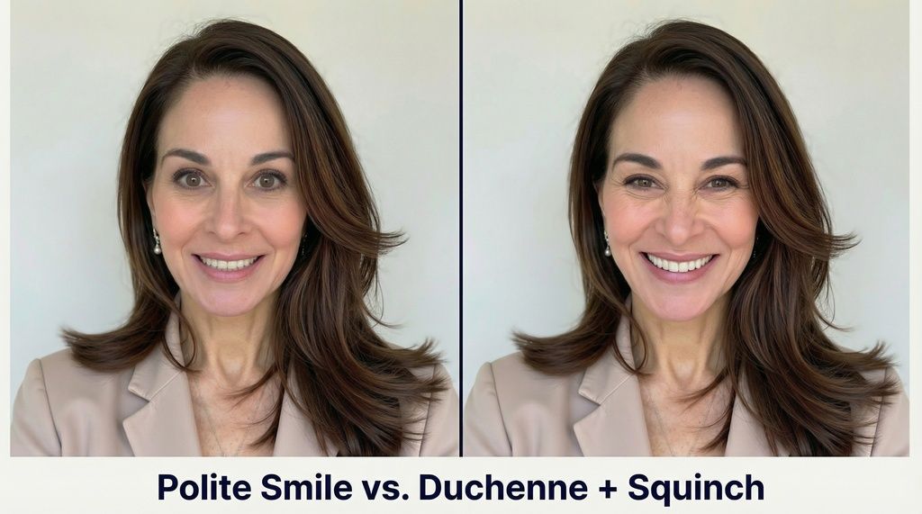 The same woman with a polite mouth-only smile and with a genuine smile and slightly narrowed eyes