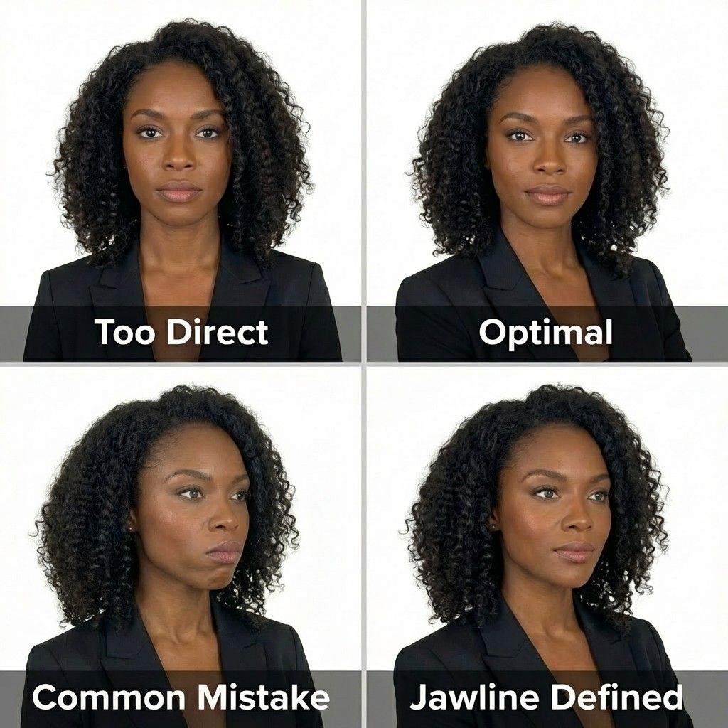 Four headshots of one woman: straight on, turned, chin pulled back, and chin forward to define the jaw