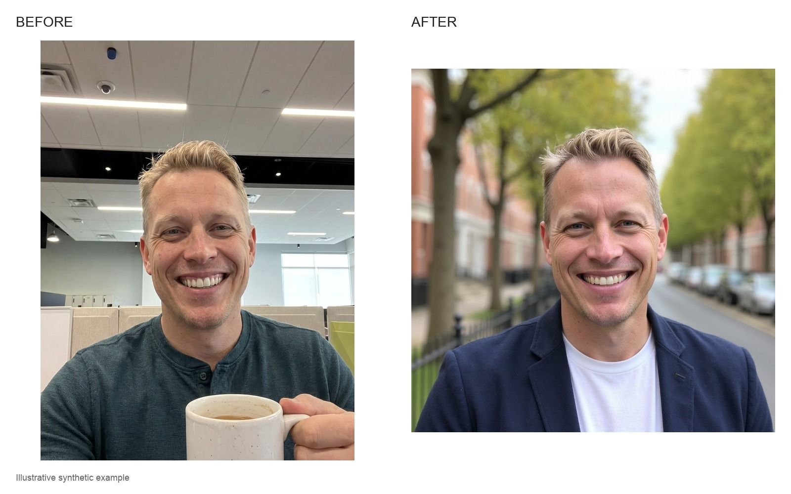 Illustrative before and after: a man holding a coffee mug in an office, then a professional headshot in a navy blazer on a tree-lined street