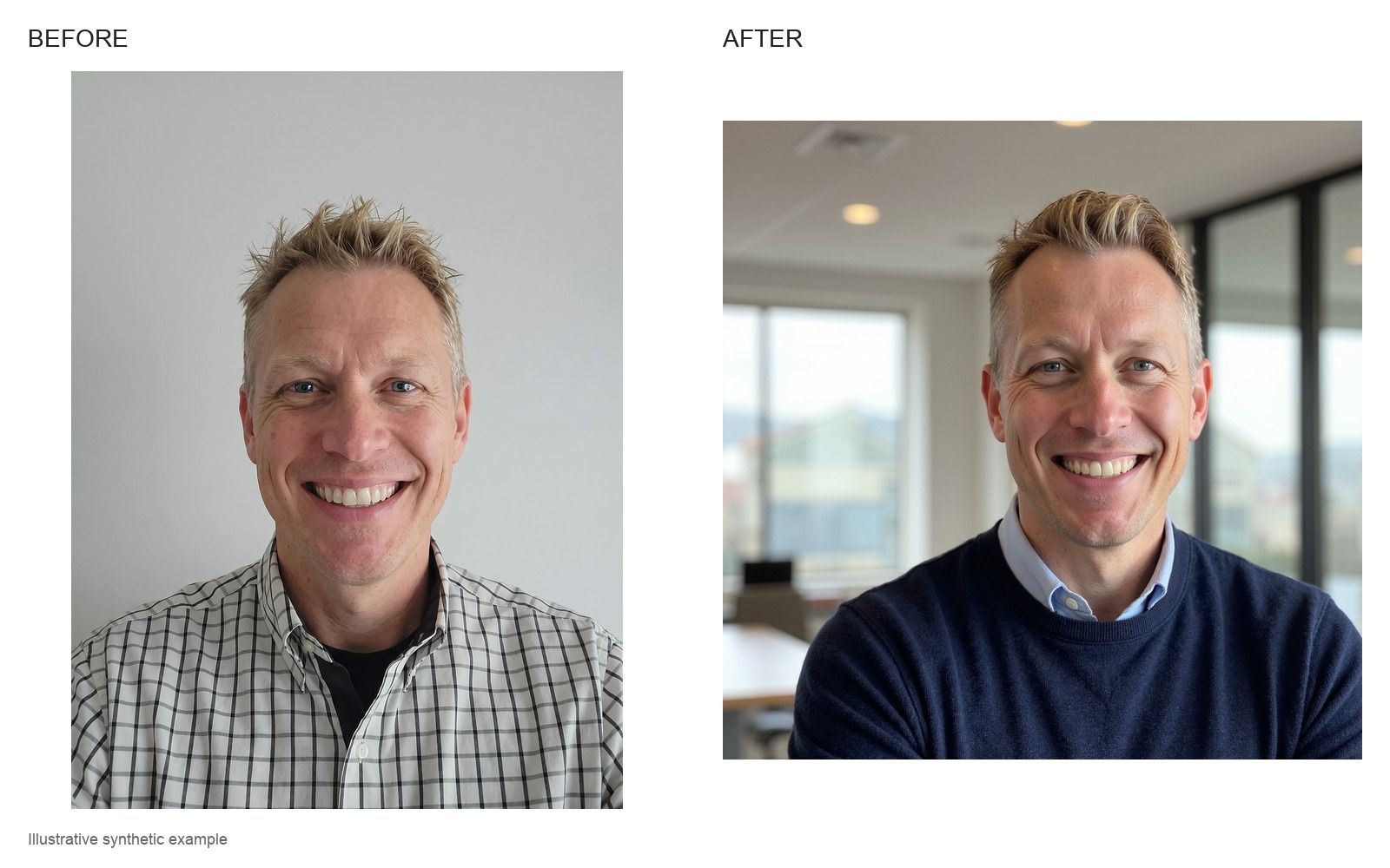 Illustrative before and after: a man in a checked shirt against a white wall, then a headshot in a navy sweater over a blue collar in a bright room