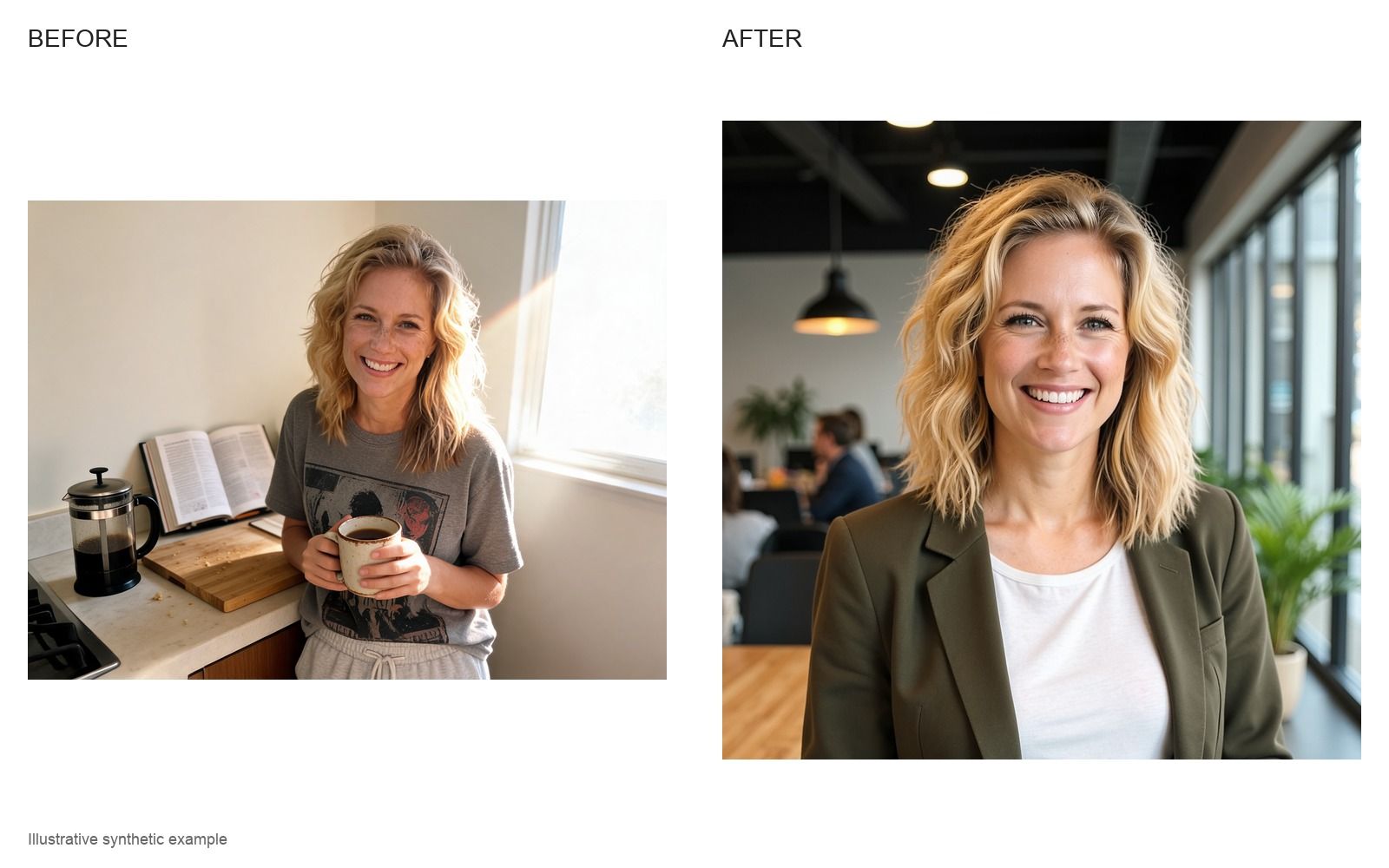 Illustrative before and after: a woman holding a coffee in her kitchen, then a professional headshot in an olive blazer in an office
