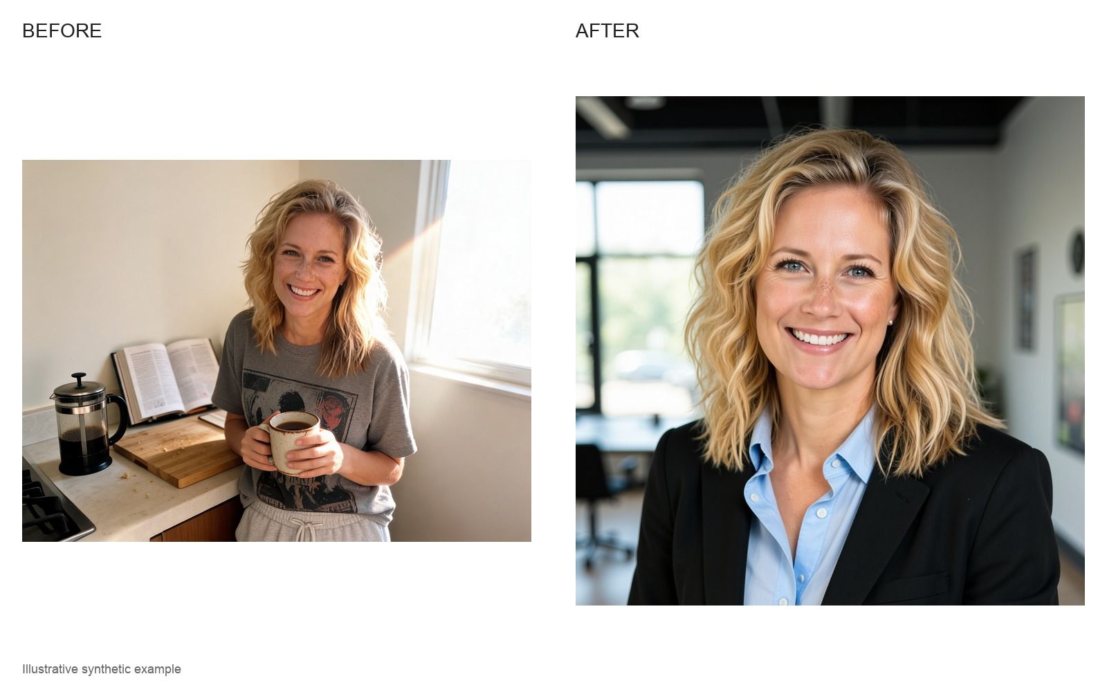Illustrative before and after: a woman holding a coffee in her kitchen, then an executive headshot in a black blazer and light blue shirt in an office