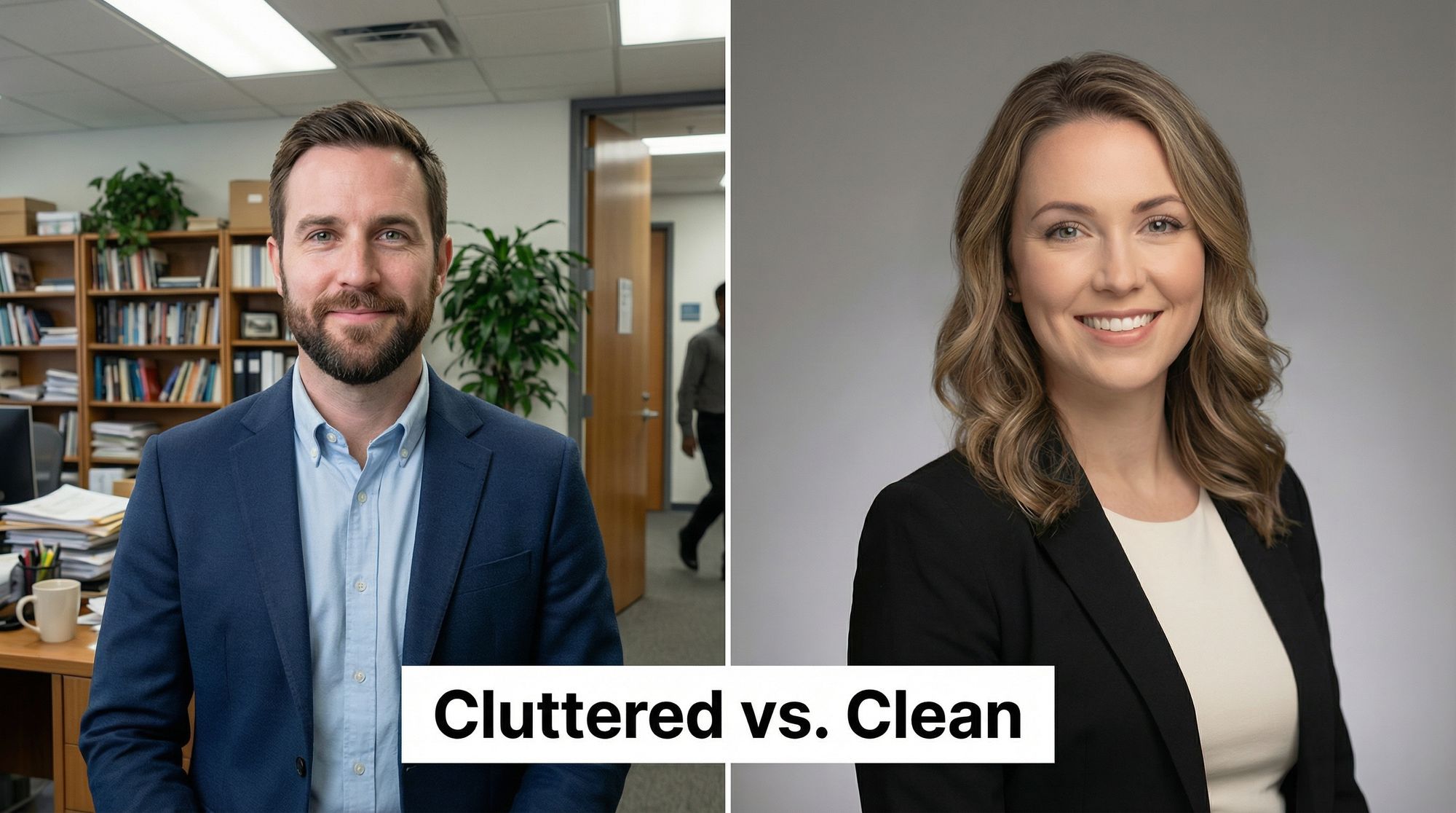 Two headshots side by side: a man in front of a cluttered office, and a woman against a clean gray backdrop