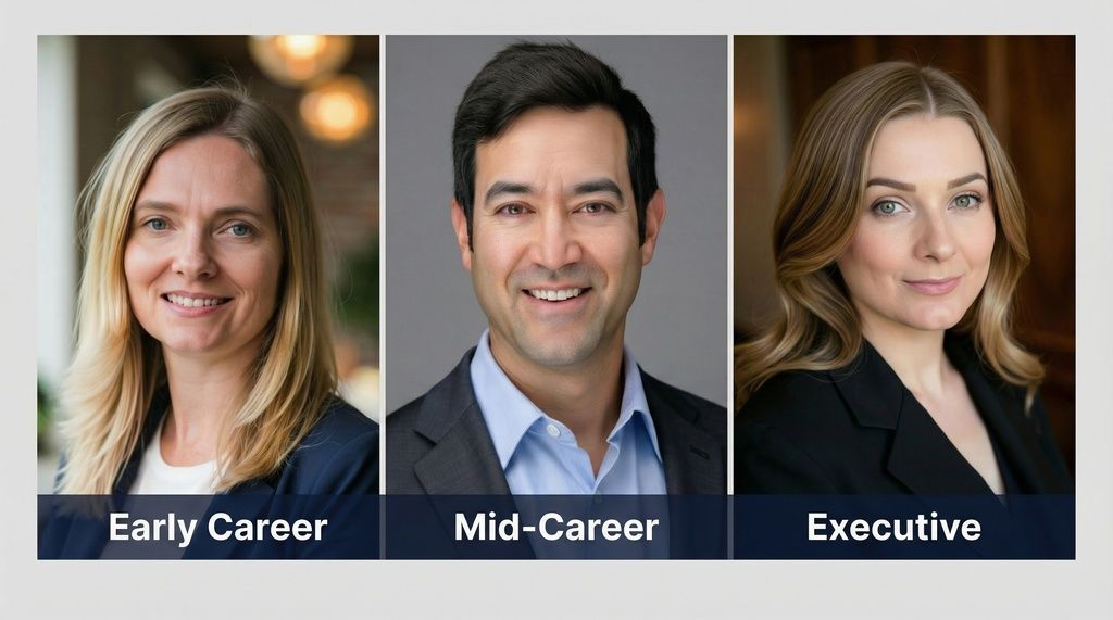 Three headshots labeled early career, mid-career and executive, from friendly turn to squared stance