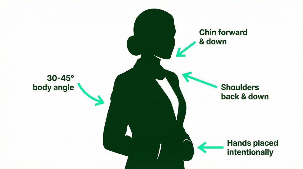 Silhouette marked with a 30 to 45 degree body angle, chin forward and down, shoulders down, placed hands
