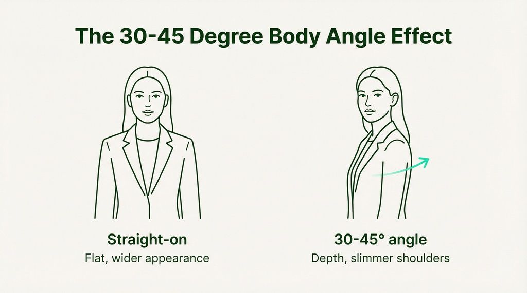 Drawing of a figure facing straight on beside one turned 30 to 45 degrees, showing narrower shoulders