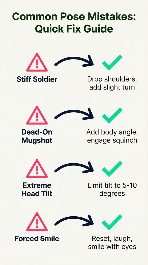 Chart of four headshot pose mistakes, stiff soldier, mugshot, extreme tilt and forced smile, with their fixes