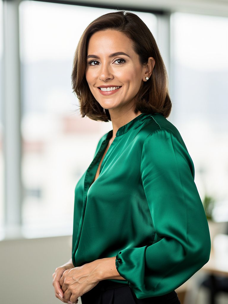 A smiling woman in an emerald blouse leaning slightly toward the camera with her hands clasped at the waist in an office