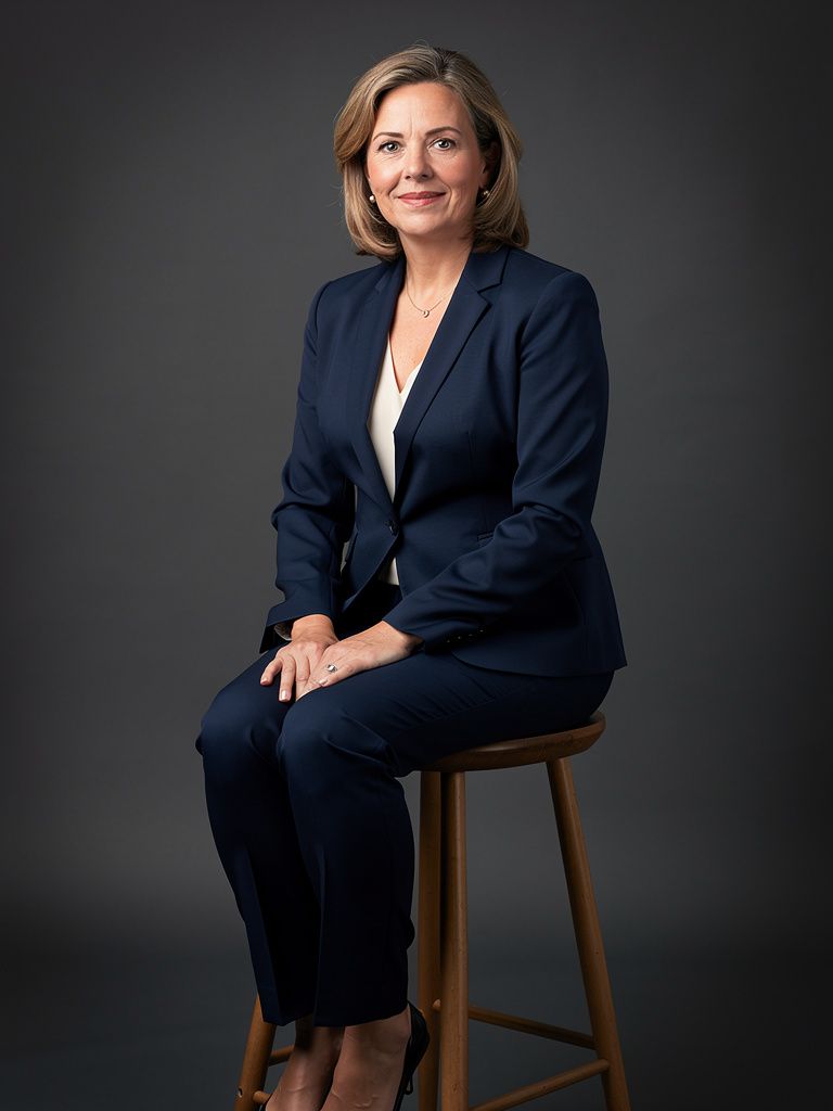 A woman in her fifties in a navy suit seated upright on a stool with her hands on her thighs against a dark gray backdrop