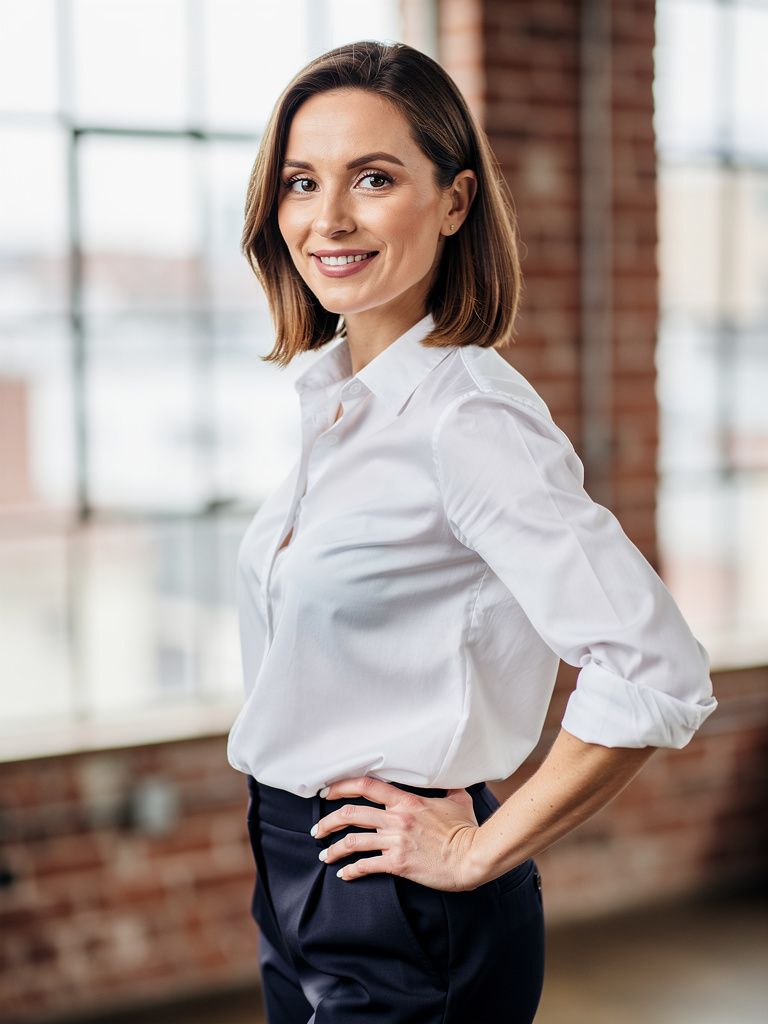 A smiling woman in a white shirt with rolled sleeves standing at a slight angle with one hand on her hip in a loft