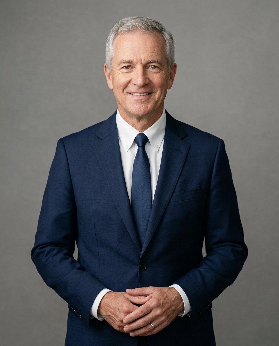 A man in his fifties with gray hair in a navy suit and white shirt