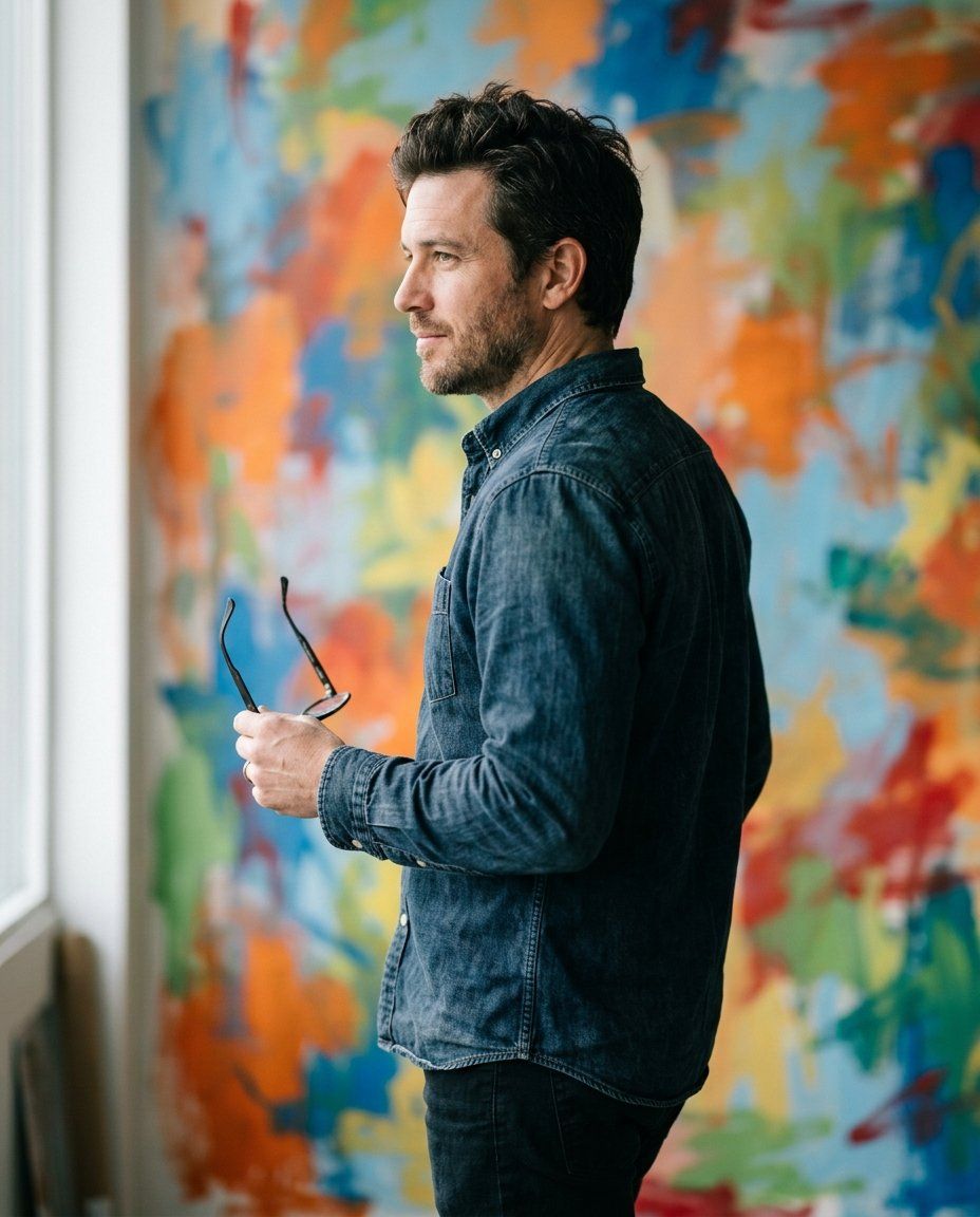 A man in his thirties in a dark denim shirt, strong turn away from the camera with weight on the back leg