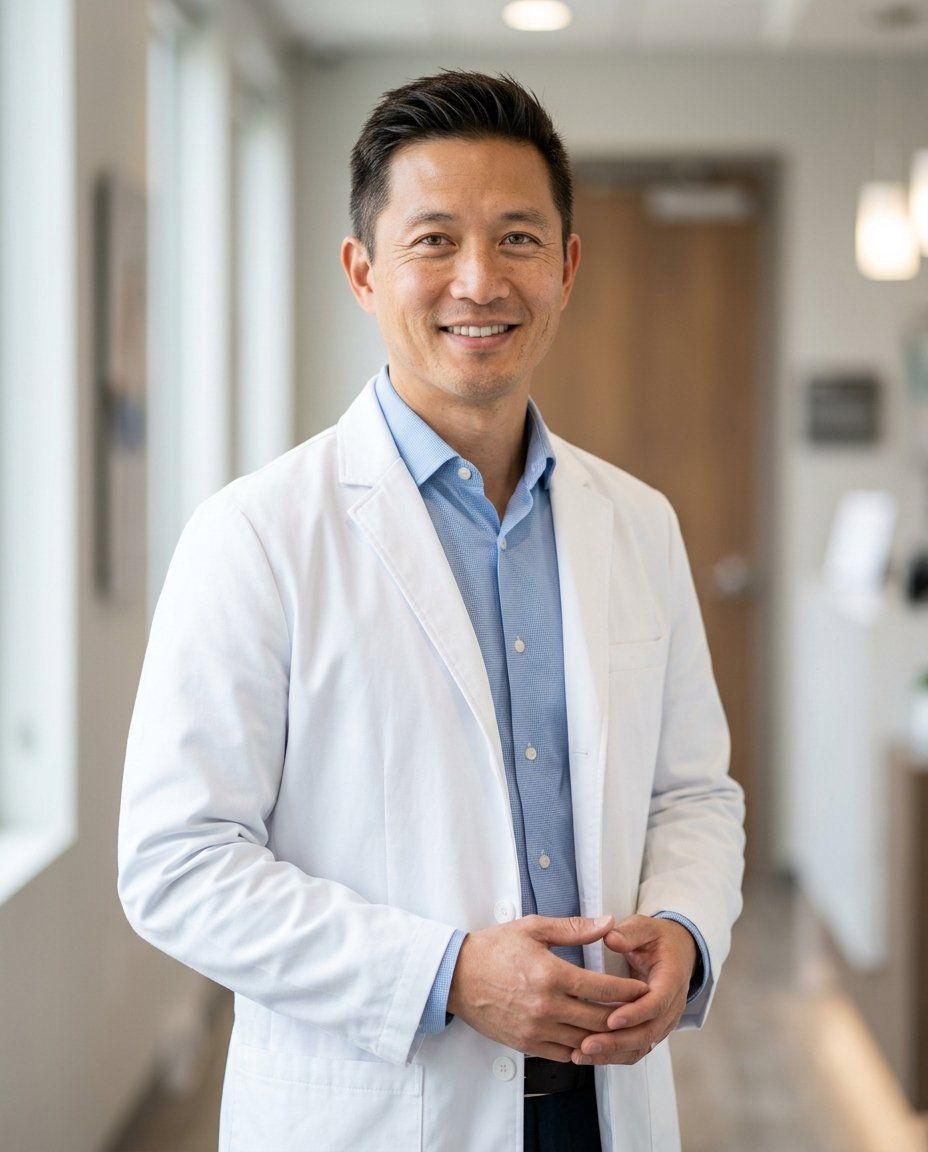 A man in his forties in a white coat over a light blue shirt