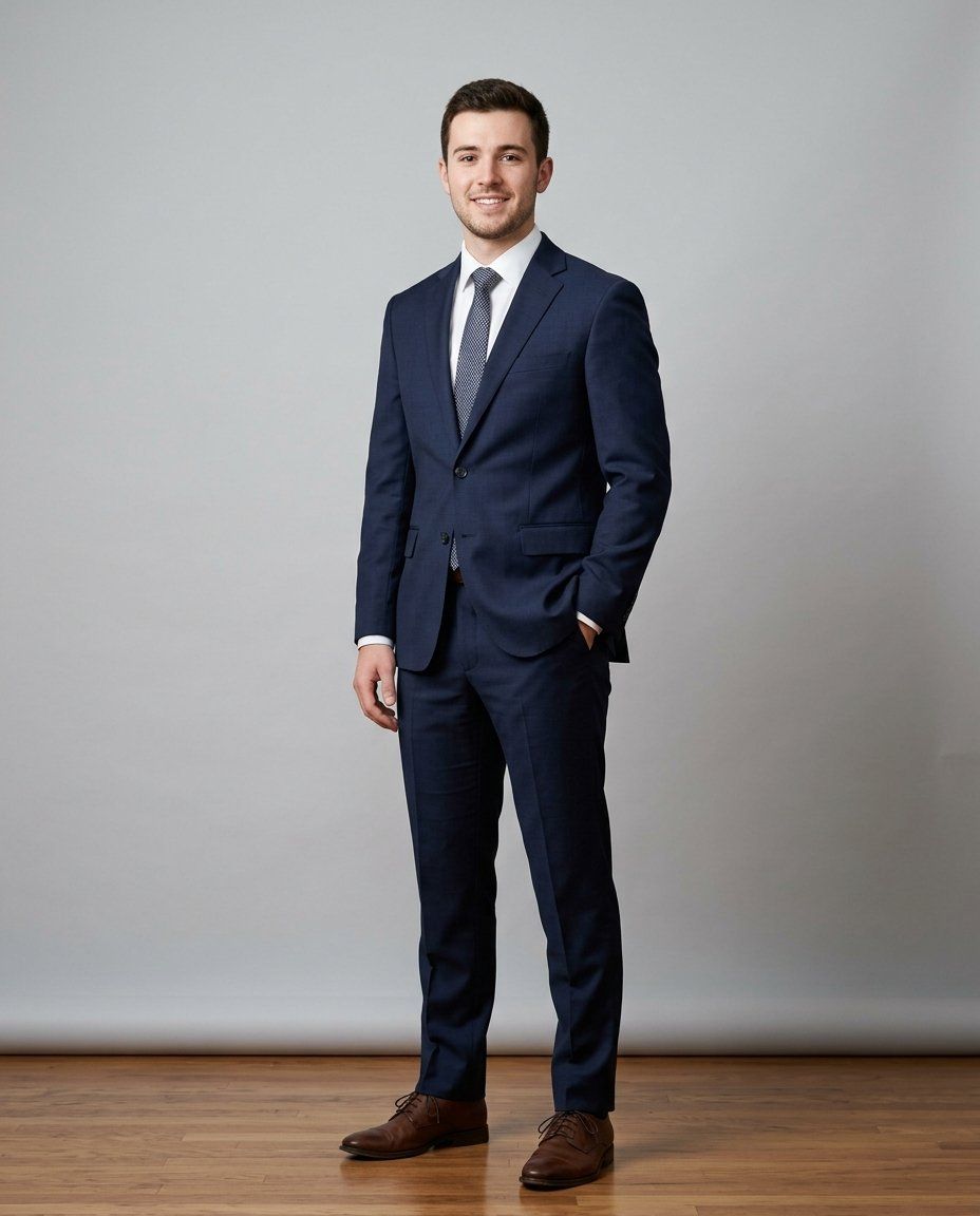 A man in his twenties in a fitted navy suit, full-length