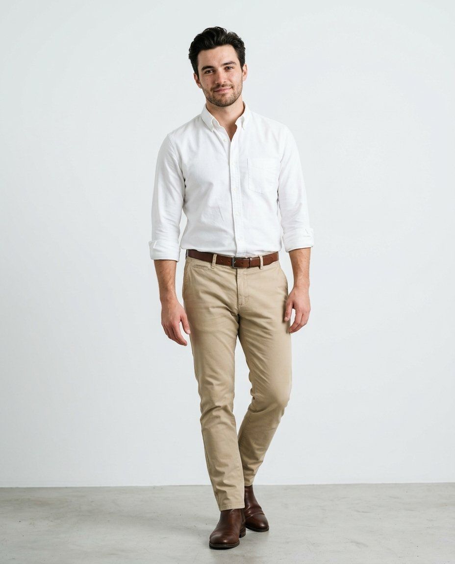 A man in his twenties in chinos and a white oxford shirt, full-length