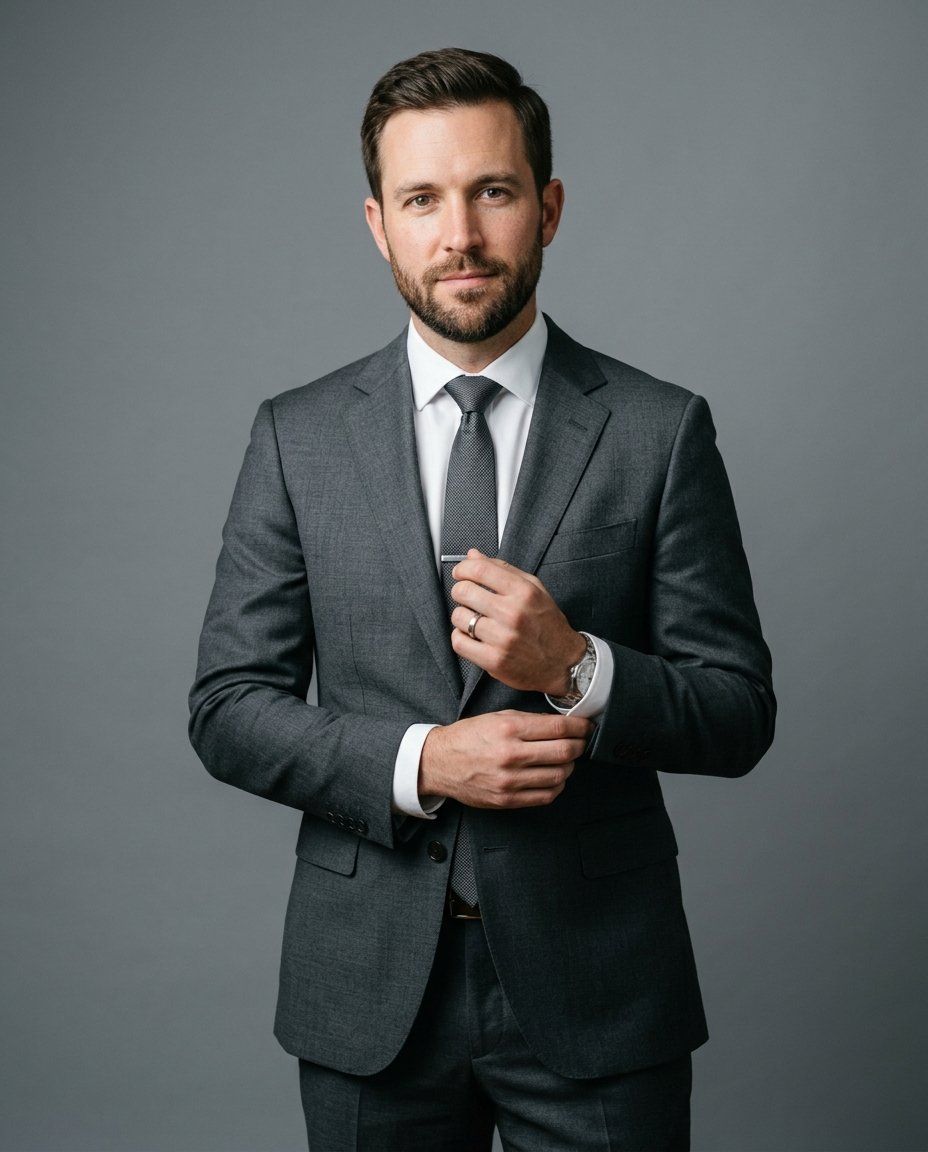 A man in his thirties in a charcoal suit, three-quarter length