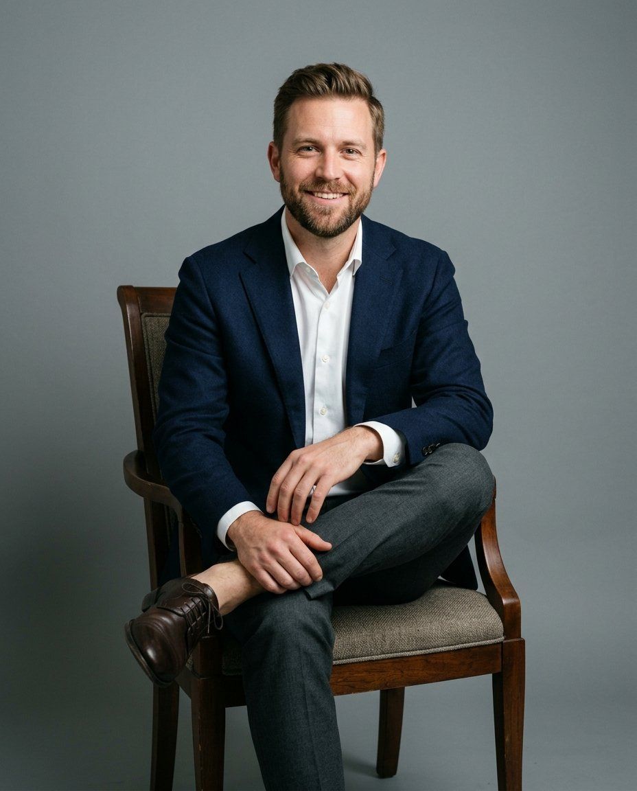 A man in his thirties in a navy blazer and gray trousers