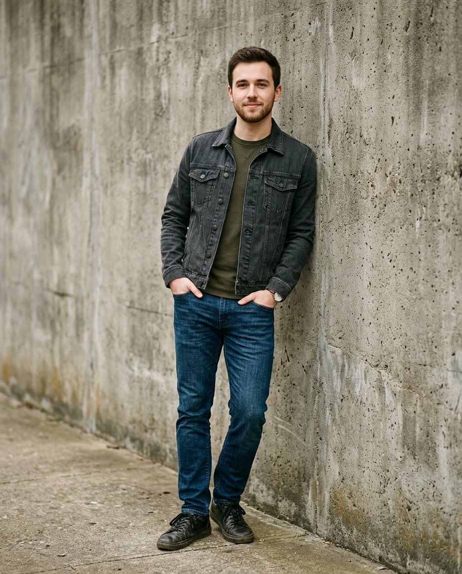 A man in his twenties in a dark jacket and jeans, full-length