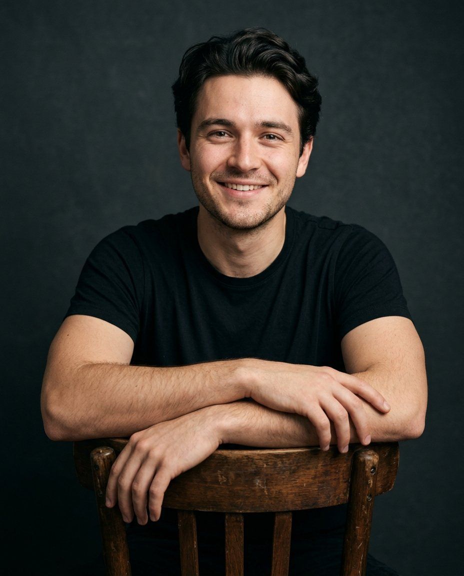 A man in his twenties in a black T-shirt