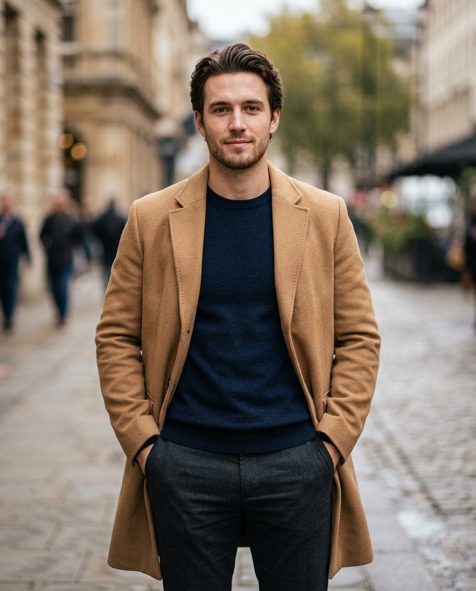 A man in his twenties in a camel overcoat, three-quarter length