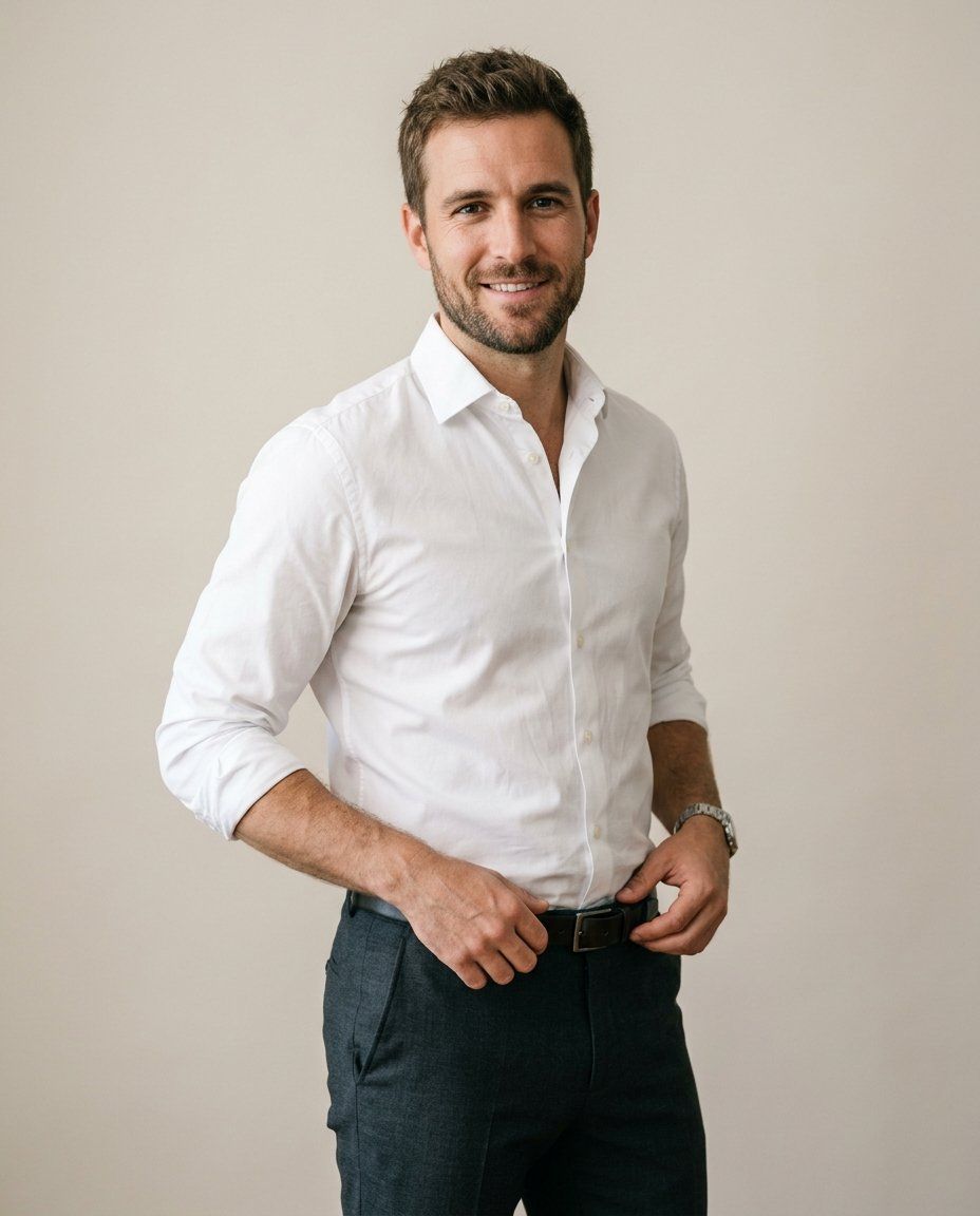 A man in his thirties in a fitted white shirt and gray trousers, three-quarter length