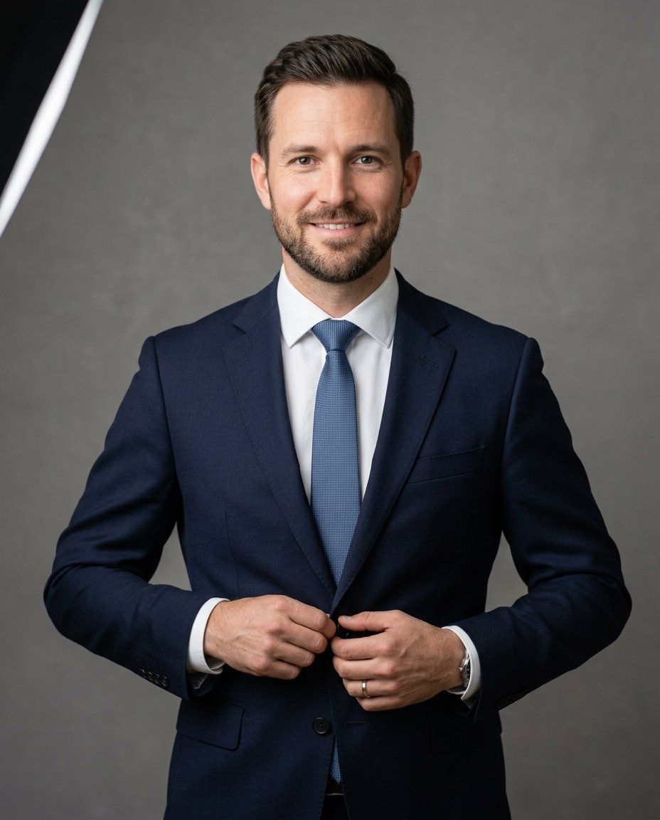 A man in his thirties in a navy suit, waist-up