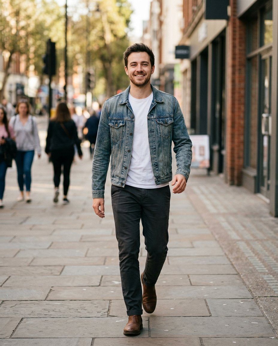 A man in his twenties in a denim jacket and white T-shirt, full-length