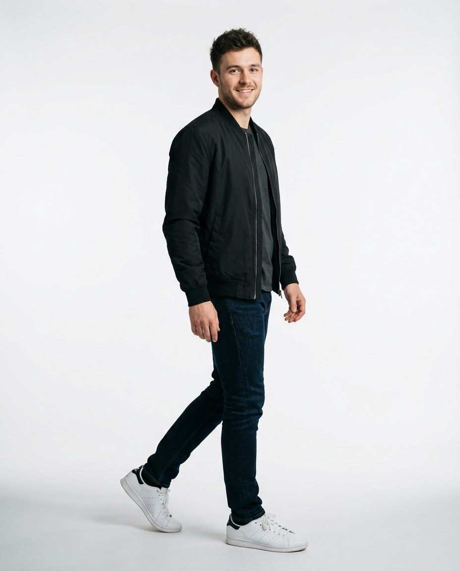 A man in his twenties in a black bomber jacket, full-length