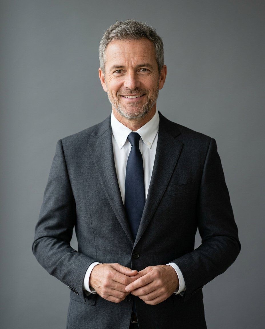 A man in his fifties in a charcoal suit and white shirt