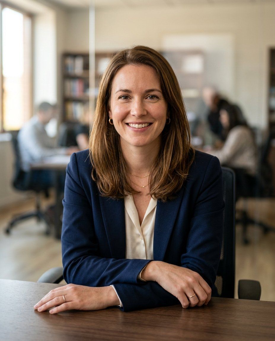A woman in her thirties in a navy blazer, seated and leaning slightly toward the camera from the hips