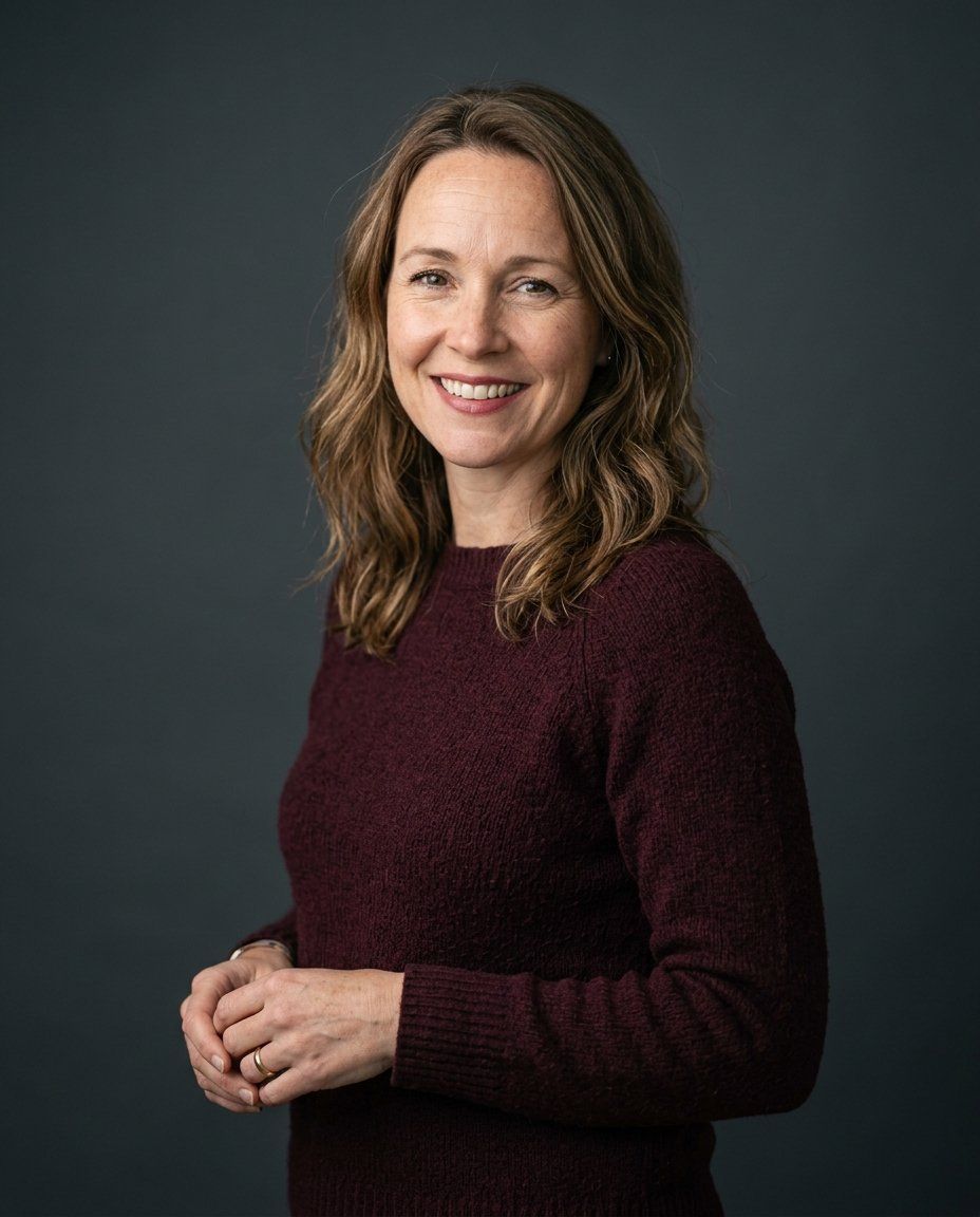A woman in her forties in a burgundy sweater