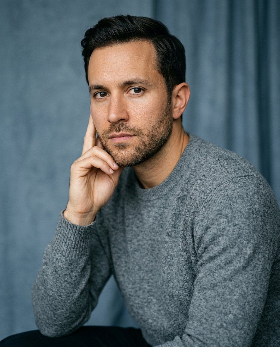 A man in his thirties in a gray crew-neck sweater, seated at a three-quarter turn