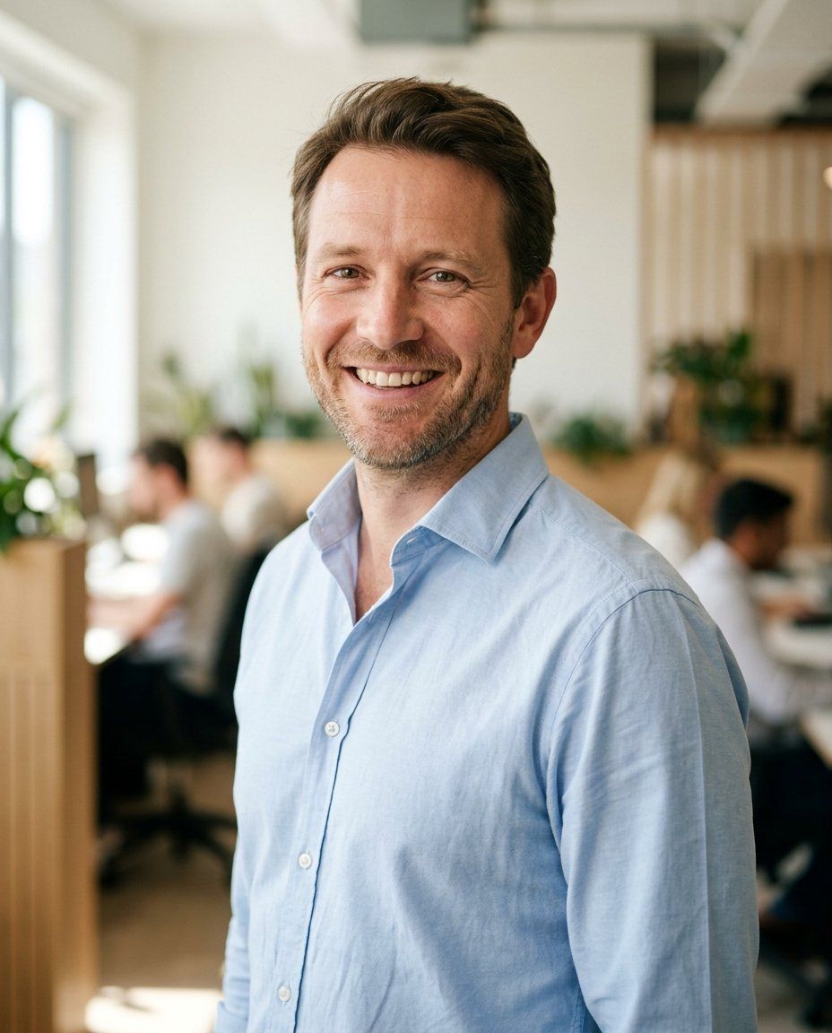 A man in his forties in a light blue open-collar shirt, soft three-quarter turn, shoulders relaxed