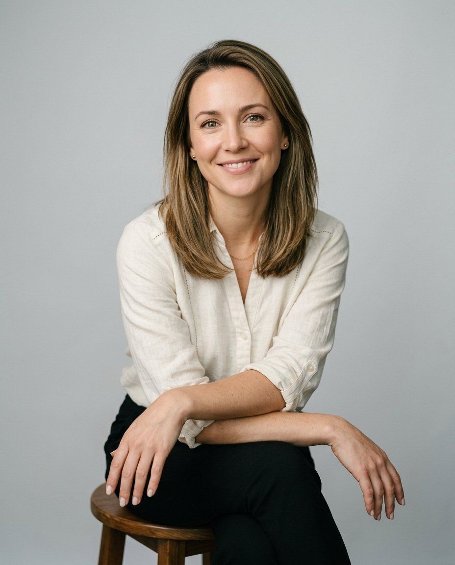 A woman in her thirties in a cream blouse