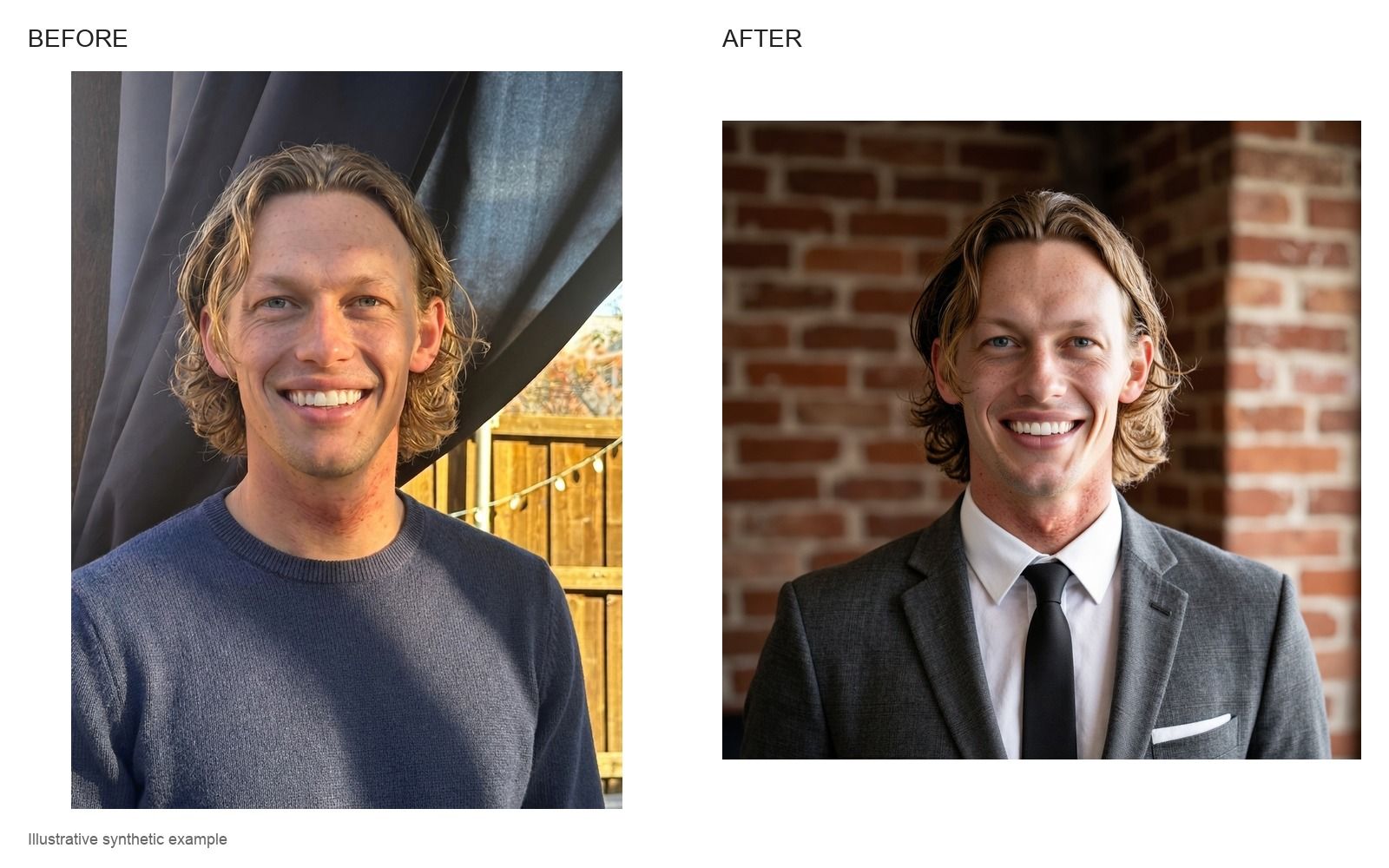Illustrative before and after: a man in a navy sweater selfie, then a professional headshot in a charcoal suit against a brick wall